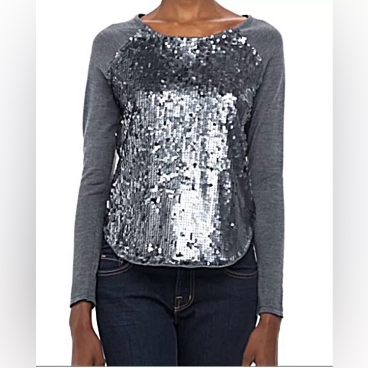 Milly Long Sleeve Scoop Neck Sequin Merino Wool Sweater Gray Size Large